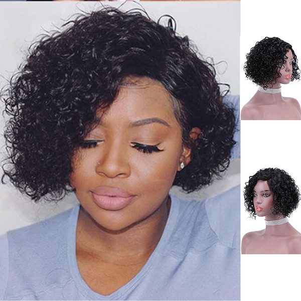 Short Curly Human Hair Wigs for Black Women Short Curly Side Part Lace Wigs Brazilian Human Hair Wigs Short Bob Curly Wigs Glueless Pre-Plucked with Baby Hair Jerry Curl Human Hair Wig 1B (12")