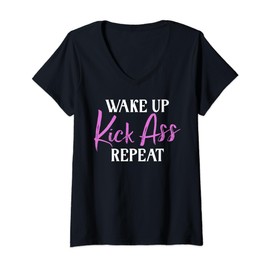Womens Wake up Kicks Ass Repeat Arrogant V-Neck T-Shirt