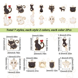 SUNNYCLUE 1 Box 28Pcs 14 Styles Cat Charms Cat Enamel Charms Cute Animal Charm Heart Lovely Kitten Charm Enamel Cat Charm for Jewelry Making Charms DIY Bracelet Necklace Craft Women Adult Black White