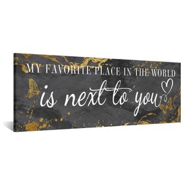 KREATIVE ARTS "My Favorite Place in All the World is Next to You Canvas Quotes Wall Art, Romantic Bedroom Decor, Grey and Gold Marble Prints, Stretched and Ready to Hang, 20x55''