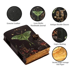 Blank Spell Book of Shadows Journal with Lock Clasp Vintage Handmade Leather Luna Moths and Morpho Butterfly Print Diary Prayer Pagan Witchcraft Supplies Wiccan Decor Notebook Daily (8X6 inch)
