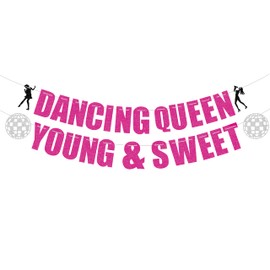 Dancing Queen Young & Sweet Banner, Mamma Mia Bachelorette Party Decorations, Disco Ball Banner For Youngth Girl Birthday Party Decorations