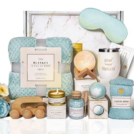 AHAGIFTREE Birthday Gifts for Women Self Care Gifts Get Well Soon Gifts Baskets with moon lamp for Women After Surgery,11PC Spa,Thinking of You Gift, Care Package for Mom Friend (turquoise)
