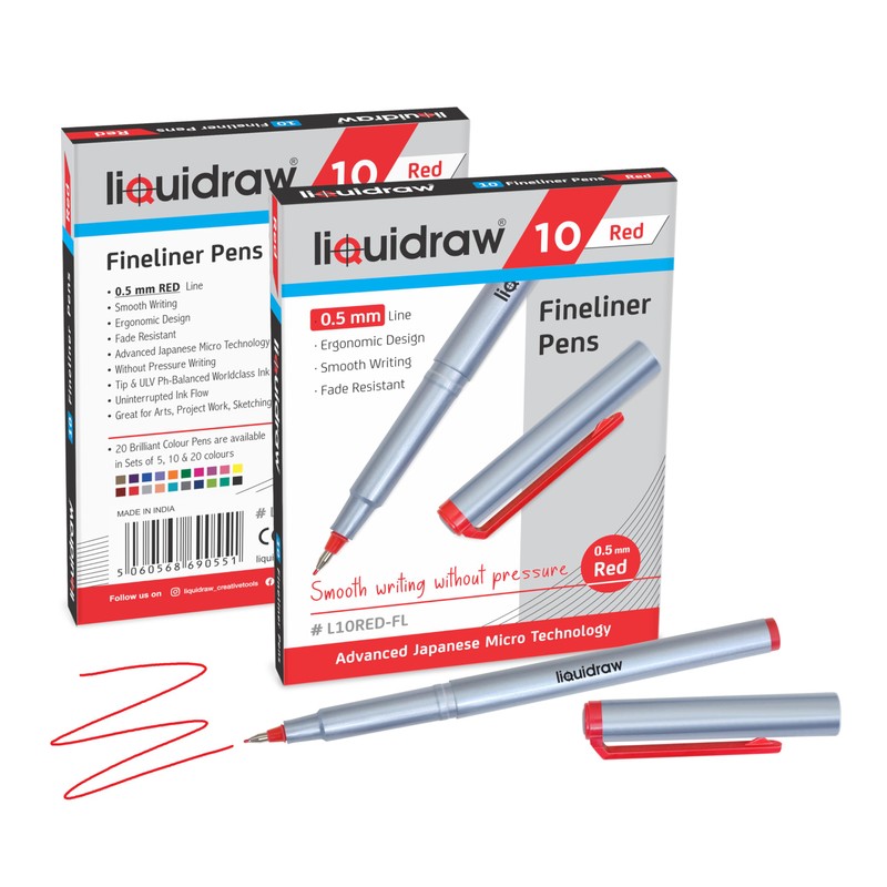 Liquidraw 10 Red Fineliner Pens Set Fine Point Pens 0.5mm