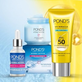 Ponds Kit Hidratación Ácido Hial. y Protección Solar, 3pzas Gel  Sérum  Protector Solar Facial Oil Control                                            