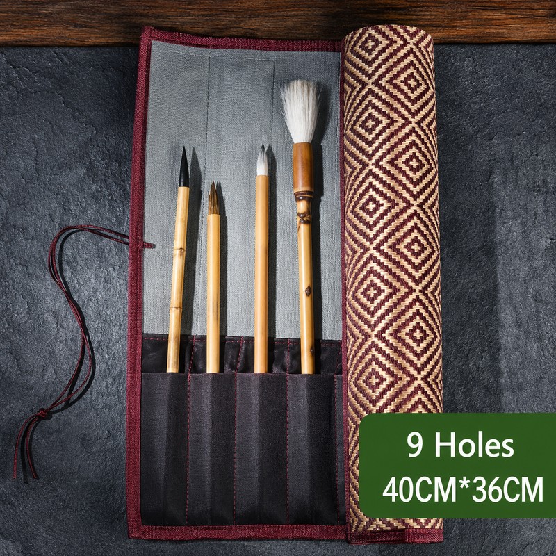 Bamboo Roll Up Brush Holder, 7/8/9 Slot Calligraphy Pen Case,