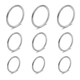 9 Pcs Nose Rings for Women, Hypoallergenic Nose Ring Hoop, 316L Steel Septum Cartilage Earring, Guage Diameter 6mm to 10mm Body Piercing Lip Jewelry,Piercing Jewelry Set,Silver