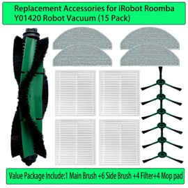 Replacement for iRobot Q011 Q0120 Y0110 Y0140 Y01420 Accessories: Replace Part for iRobot Roomba VAC/Essential Combo Robot Vacuum 1 Main Brush 6 Side Brush 4 Filter 4 Mop Pad (15 Pack)