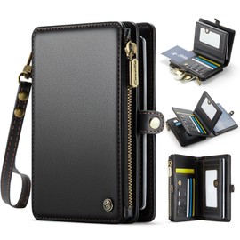 XIMAND Passport Holder Wallet Bag with 11 Card Slots and Passport Solt Cash Solt Photo Solt Zipper Pocket, RFID Blocking Wristlet Strap for Travel.Black