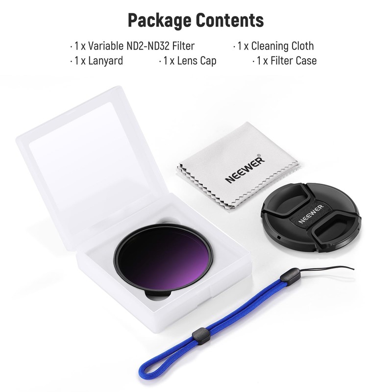 NEEWER 52mm Variable ND Filter with Lens Cap, Cleaning Cloth,
