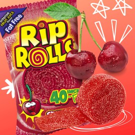 Needzo Rip Rolls Sour Candy Rolls, Cherry Fruit Flavor Fat Free Licorice Belt Candies, Individually Wrapped Shareable Snacks for Boys or Girls, Pack of 3