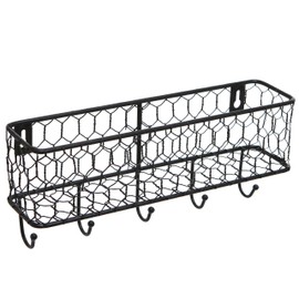 MyGift Wall Mounted Farmhouse Matte Black Chicken Wire Metal Entryway Mail Holder Letter Organizer Storage Basket with 5 Key Hooks