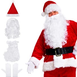 SATINIOR 4 Pcs Christmas Santa Costume Set Santa Wig Beard Hat and White Gloves Santa Costume Accessories for Cosplay Party