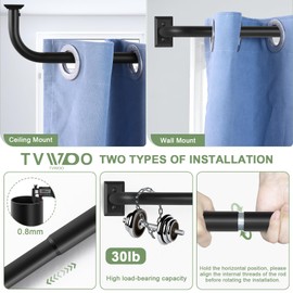 TVWOO Wrap Around Curtain Rods,Black Curtain Rods for Windows 28 to 48 Inch,1 Inch Adjustable Blackout Curtain Rod with Bracket,Room Darkening Window Curtain Rods,Metal Drapery Rods 28-48",Matte Black