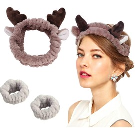 3-Pack Spa Headband and Wristband Set, Soft Cute Antler Headband for Skin Care, Absorbent and Comfortable Skincare Headband for Face Washing and Makeup for Men Women and Girls (Brown, One size)