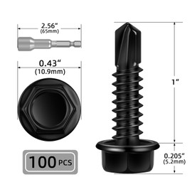 100 PCS #12 x 1 Sheet Metal Screws, Black Hex Washer Head Self Drilling Screw, Flanged Hex Self Tapping Screws, 410 Stainless Steel, Hex Bit Socket Included