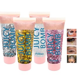 4Pcs Body Glitter Gel Kit, Sequins Shimmer Liquid Eyeshadow, Chunky Glitter for Face, Body, Eye, Hair, Nail DIY Art Face Glitter Festival Party Makeup Decoration