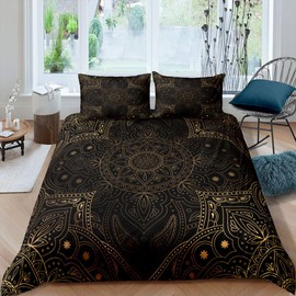 Bohemian Comforter Cover Golden Mandala Duvet Cover Set Paisley Floral Bedding Set For Kids Boys Girls Exotic Tribal Boho Bedclothes With 1 Pillow Case Single Size Bedroom Decor Gold Black