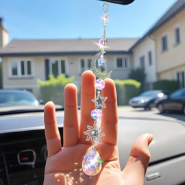AOZUO Moon and Star Rear View Mirror Charm, Crystal Boho Car Hanging Decor Cute Suncatcher Healing Car Ornaments Car Mirror Accessories for Women Men (B)