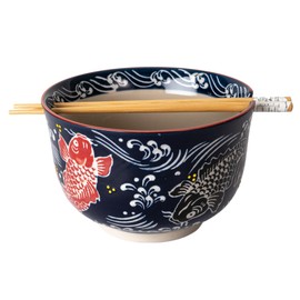 Urban Tokyo Ramen Udon Noodle Bowl with Chopsticks - 24 fl oz, 6 inch Diameter Handcrafted Porcelain Multi Purpose Soba Pho Noodle Donburi Rice Tayo Bowl (Koi Fish)