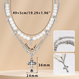 Manfnee Layered Cross Necklace for Women Pearl and Spike Necklaces Cross Pendant Necklaces Jewelry Trendy