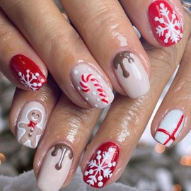 24Pcs Snowflake Press on Nails Short Square Snowflake Gingerbread Man Fake Nails Christmas Cute Stick on Nails Xmas Press ons Acrylic Nails Holiday Nail Art Decoration for Women Girls Glue on Nails