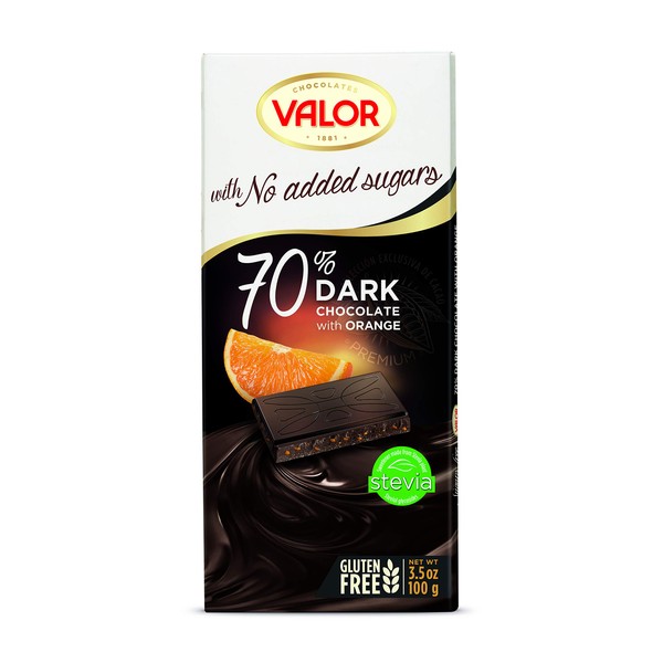 Valor Sugar Free Chocolate – Keto Low Carb Large Chocolate Bar - Diabetic Chocolate – Gluten Free, No Added Sugar, & Vegan Chocolate – 70% Dark Chocolate with Orange Pieces – 100g Bar