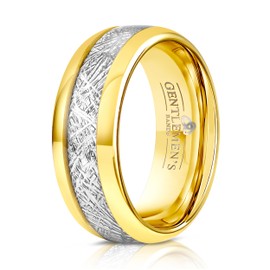 Men's Tungsten Carbide Wedding Band With Meteorite Inlay - Premium Grade Gold Tungsten & Meteorite Wedding Ring - Includes Silicon Band, Leather Drawstring Pouch, & Luxury Walnut Box (Size 9)