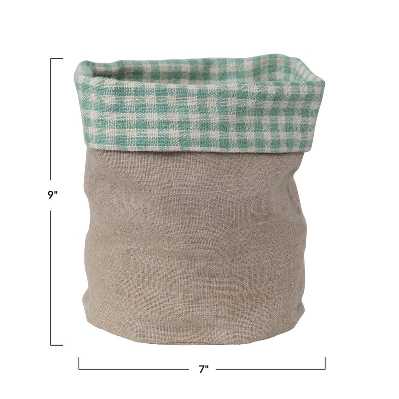 Creative Co-Op Handwoven Linen Bread Basket with Gingham Lining, Aqua
