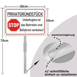Privatgrundstück Schil with Posts Metal Reflective 20 x 30 cm, Private Property Enter and Drive Prohibited Sign Aluminium UV-Resistant Waterproof Rustproof with Drill Holes