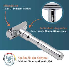 MERKUR Futur 701 Safety Razor | Designer Classic Gloss Chrome | Two Piece Razor with Straight Cut | Ideal for Wet Shaving | Die-Cast Zinc | Brass Handle | Made in Germany