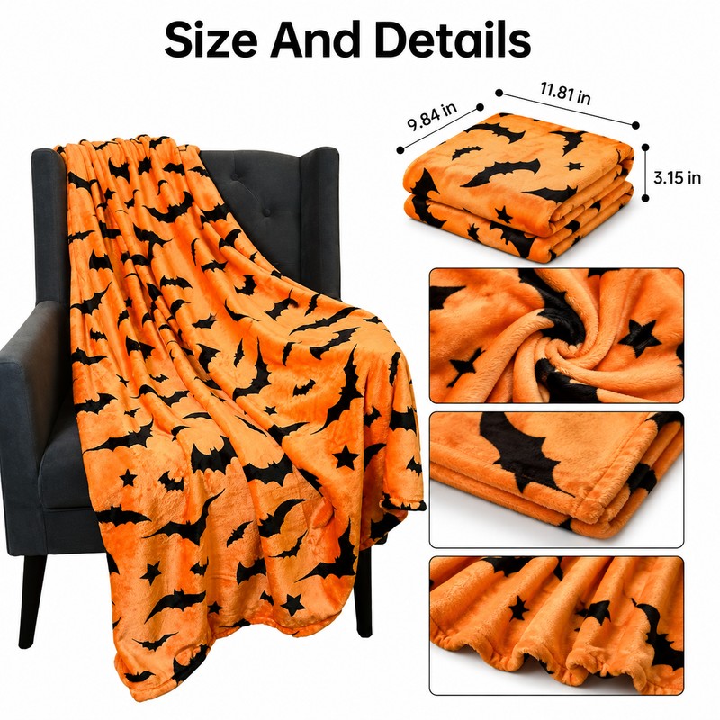 Black Bat Print Flannel Throw Blanket – Soft Lightweight Blanket