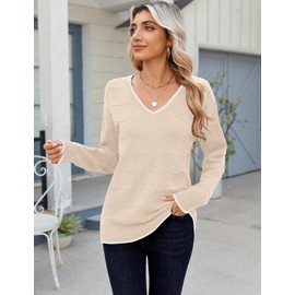 Zeagoo Womens Fall Sweaters 2025 Casual Long Sleeve Ribbed V Neck Lightweight Crochet Pullover Knit Blouse Apricot