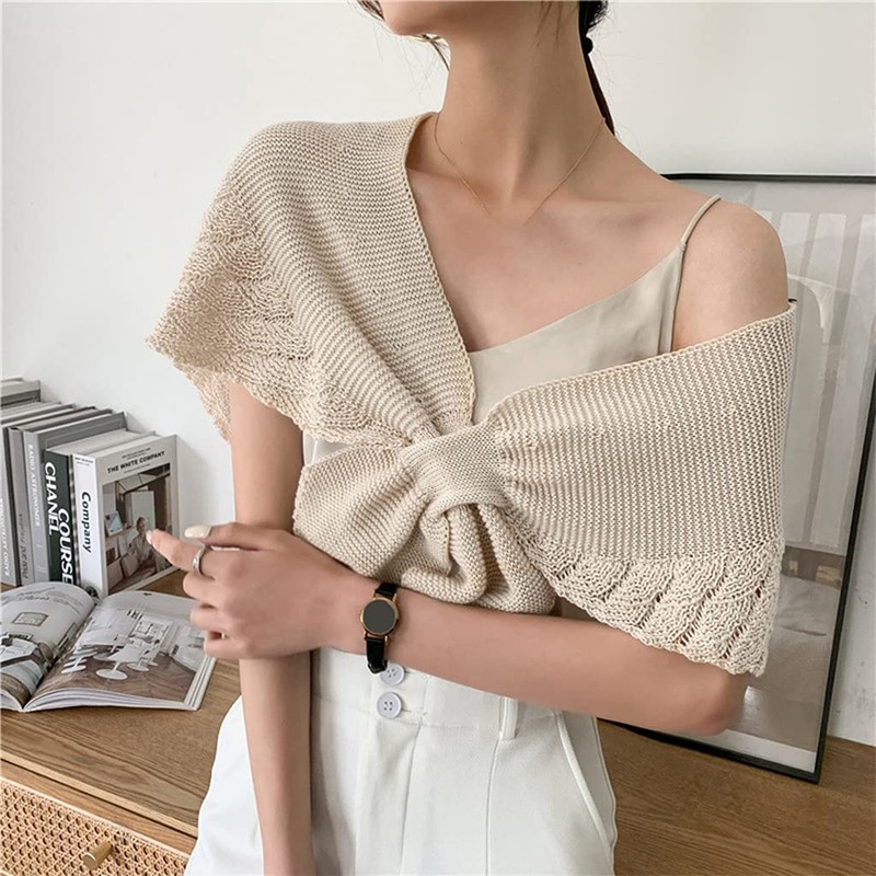 DAISHIAO Ladies Knitted Fish Scales Plain Poncho Knot Cape, black,