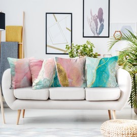HVEST Pink Marble Pillow Covers 18x18 Set of 4, Gold Teal Blue Abstract Marble Textured Throw Pillow Covers Modern Minimalist Decorative Pillow Covers for Couch Sofa Bed Home Decor Pillowcase