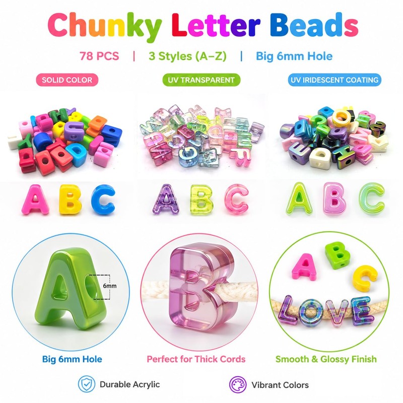 78 Pcs Colorful Chunky Letter Beads with 6mm Hole, Cute