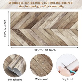 HLNIUC Original Wooden Color Wallpaper Wood Grain Peel and Stick Herringbone Wall Paper Vintage Textured Natural Herringbone Wall Sticker 44x300cm Wood Wallpaper for Cabinet Bathroom Living Room