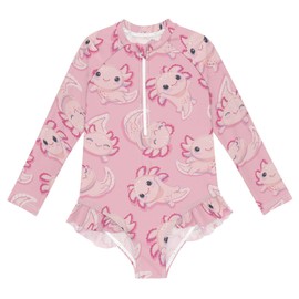 QUGRL Girls' Training Swimsuit Long Sleeve Cute Happy Axolotls UPF 50+ Girl Swim Dress Pink Quick Dry Rashguard 11-12 Years for Beach Pool