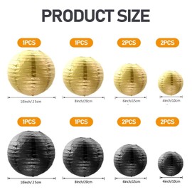 QFEHTHSK Pack of 12 Round Paper Lanterns, Handmade Folding Lanterns, Hanging Decorative Paper Lanterns, Black Gold Party Decoration Lanterns, Festive Wedding Decorations