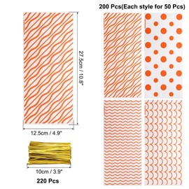 sourcing map 200 Pcs Cellophanes Treat Bags, 10.8"x 4.9" Clear Flat Cellophanes Bags Plastic Candy Gift Goodie Bags with Twist Ties for Cookie Snack Packing Party, Orange