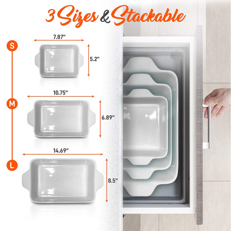 NutriChef 3-pc Casserole Dish Set for Oven, Ceramic Lasagna Baking