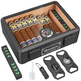FANKAI Cigar Humidor, Full Glass Top Cigar Box with Humidifier and Hygrometer, Drop-proof Crushproof Cigar Case, Cedar Wood Lining Storage Box with Divider for 20-25 Cigars (Black)
