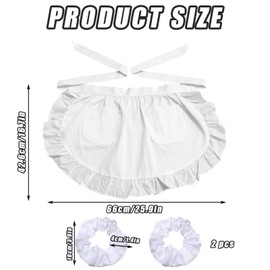 White Waist Apron with Pockets and Two Hairbands, Waitress Apron, Half Apron for Cooking & Cleaning, Adjustable Ruffle Apron for Women's Costumes, Maid Apron, Aprons for Restaurant and Coffee Shop