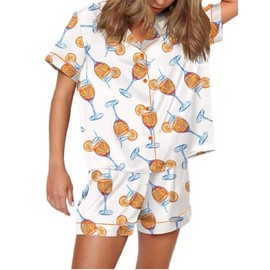 Juakoso Champagne Bottle Pajamas Women Short Sleeve Button Lounge Sets Wine Print Shorts Pjs Espresso Martini Sleepwear