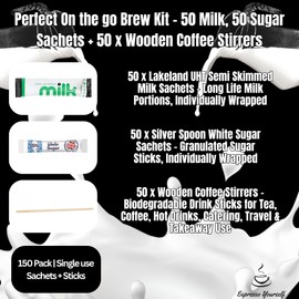 150 Piece Hot Drink Kit – 50 Milk Sachets, 50 Sugar Sachets & 50 Wooden Coffee Stirrers – Individually Wrapped for Tea, Coffee, Office, Travel, Catering, Hospitality