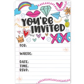 m&h invites Fun Girl Doodles Invitations (20 Count) with Envelopes - Pre Teen - Tween Birthday Invitations