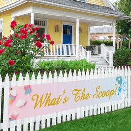 Pink And Blue What's The Scoop Large Banner,Ice Cream Theme Banner Sign Pre-Strung For Gender Reveal Party Decorations,Ice Cream Theme Baby Shower Party Decorations Supplies 9.8x1.6ft