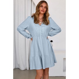 Dokotoo Long Sleeve Dress for Women Lace Hollow Out Embroidered V Neck Sundress Summer Fall Business Casual Elastic High Waist Ruffle Tiered A-Line Flowy Soft Swing Mini Dress Light Blue X-Large