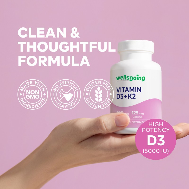 Wellsgoing Vitamin D3 + K2 Supplement, 5000 IU (125 mcg)