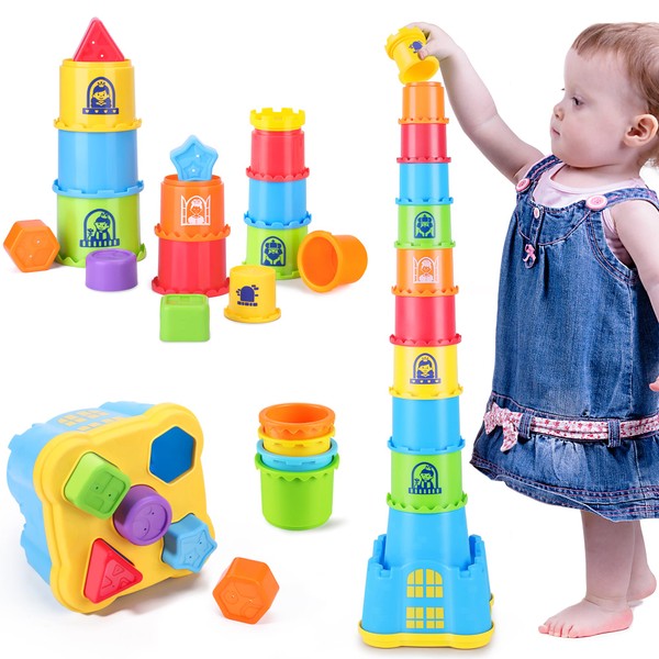 iPlay, iLearn Baby Stacking Toys, Toddler Nesting Stack Cups, Infant Stackable Block, Kids Sorting Game W/Shape Sorter for Sand Bath, Birthday Gifts for 12 18 24 Month, 1 2 3 Year Old Boys Girls